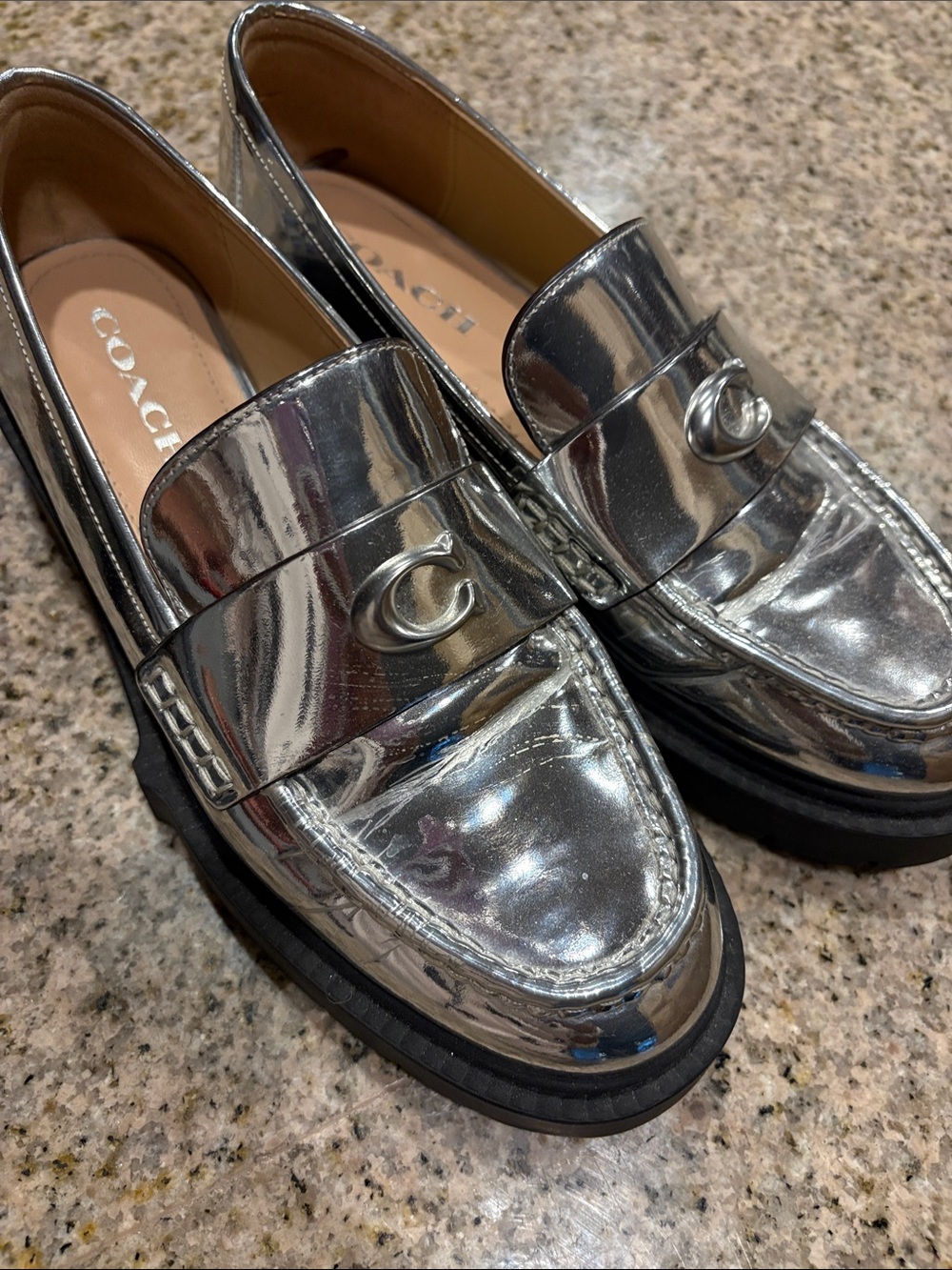 COACH Silver Metallic Penny Loafers
